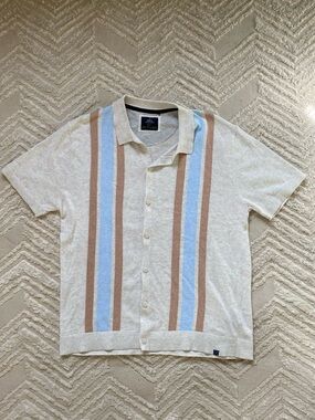 MBX Premium Goods Vertical Stripe Sweater-Knit Polo Shirt- Oatmeal